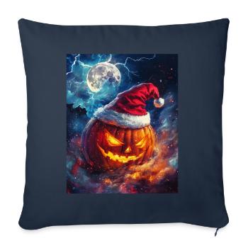 Cadeau d’Halloween citrouille avec décoration de chapeau de Père Noël - Housse de coussin décorative 45 x 45 cm - bleu marine - Devant
