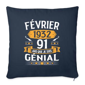 Février 1932 91 Ans Anniversaire Vintage Cadeau - Housse de coussin décorative 45 x 45 cm - bleu marine - Devant