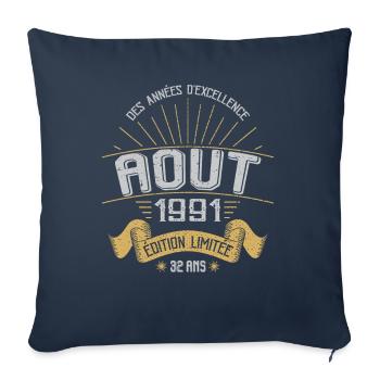 Août 1991 32 Ans Anniversaire Vintage Cadeau - Housse de coussin décorative 45 x 45 cm - bleu marine - Devant