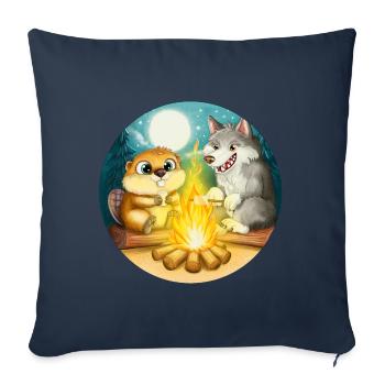 Castor et loup - Amis au feu de camp - Housse de coussin décorative 45 x 45 cm - bleu marine - Devant