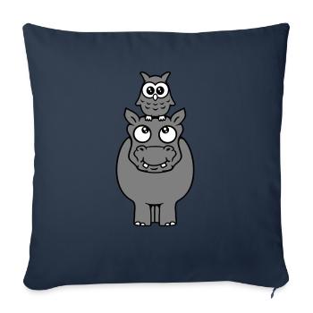 Hibou assis sur hippopotame drôle 2 amis chevauchant - Housse de coussin décorative 45 x 45 cm - bleu marine - Devant
