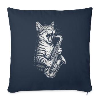 Chat Cool Jouant Du Saxophone De La Musique Jazz - Housse de coussin décorative 45 x 45 cm - bleu marine - Devant
