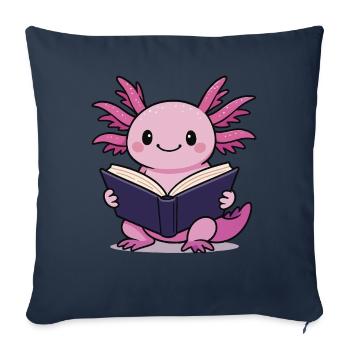 mignon axolotl lecture livre lecteur dessin animé kawaii - Housse de coussin décorative 45 x 45 cm - bleu marine - Devant