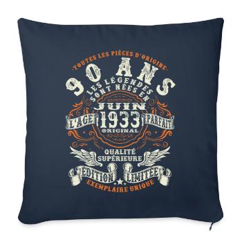 90 ans - juin 1933 - anniversaire 1933 - Housse de coussin décorative 45 x 45 cm - bleu marine - Devant