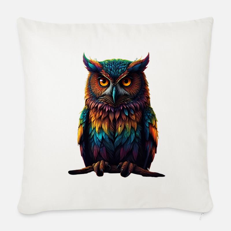 Bunte Eulenfedern Neonaugen - Sofakissenbezug 45 x 45 cm - Naturweiß 