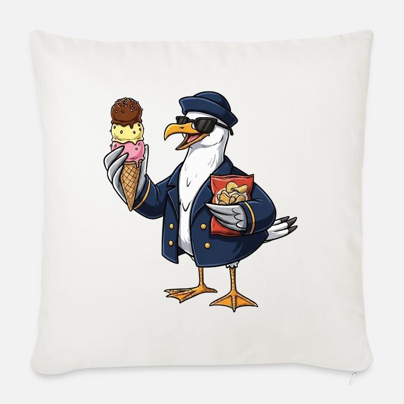 Cooler Möwenkapitän Mit Eis Und Chips - Sofakissenbezug 45 x 45 cm - Naturweiß