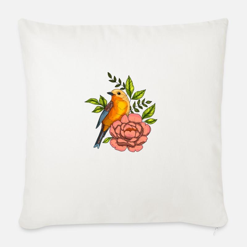Vogel in Blumen, Natur - Sofakissenbezug 45 x 45 cm - Naturweiß 
