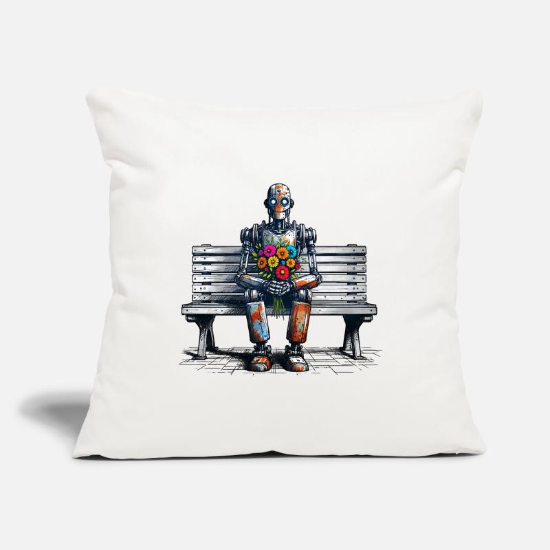 Robot banc fleurs Robot amour Art rouillé Housse de coussin décorative 45 x 45 cm