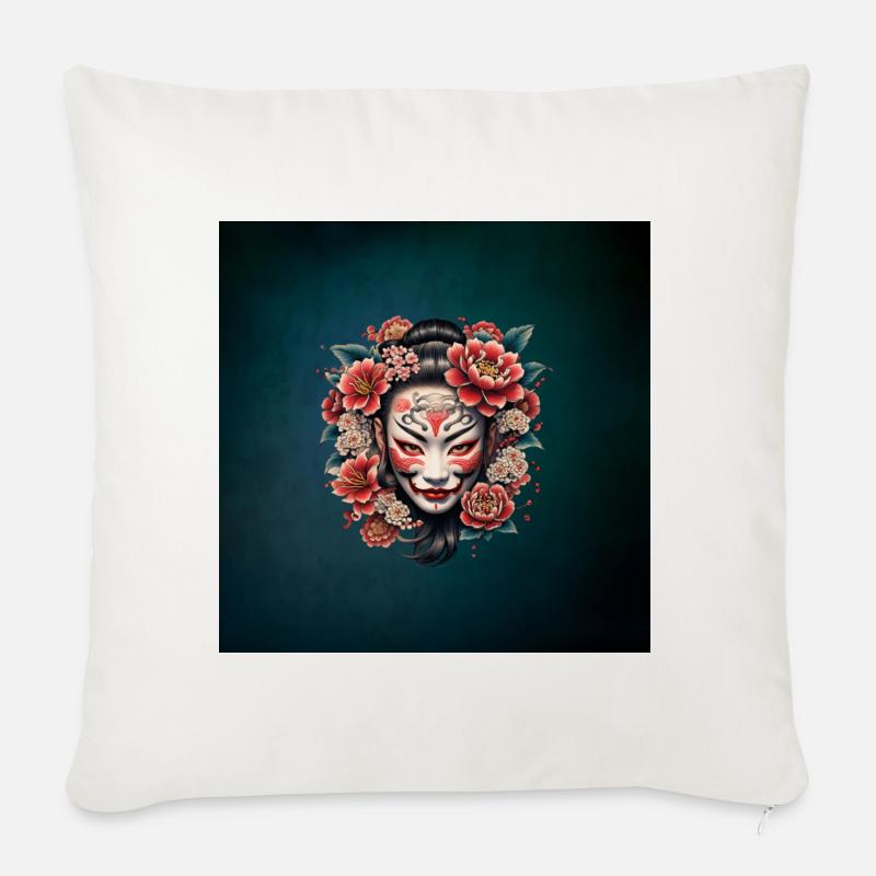 Masque japonais décoré de fleurs. - Housse de coussin décorative 45 x 45 cm - blanc nature