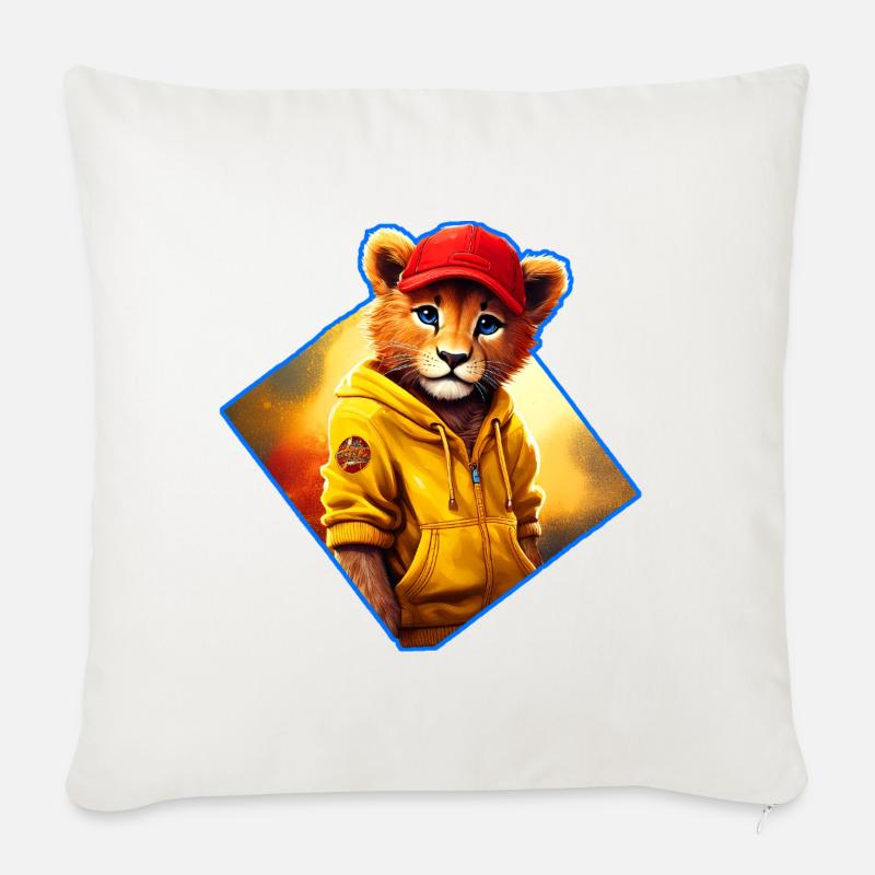 Kleiner Löwe mit roter Kappe - Sofakissenbezug 45 x 45 cm - Naturweiß