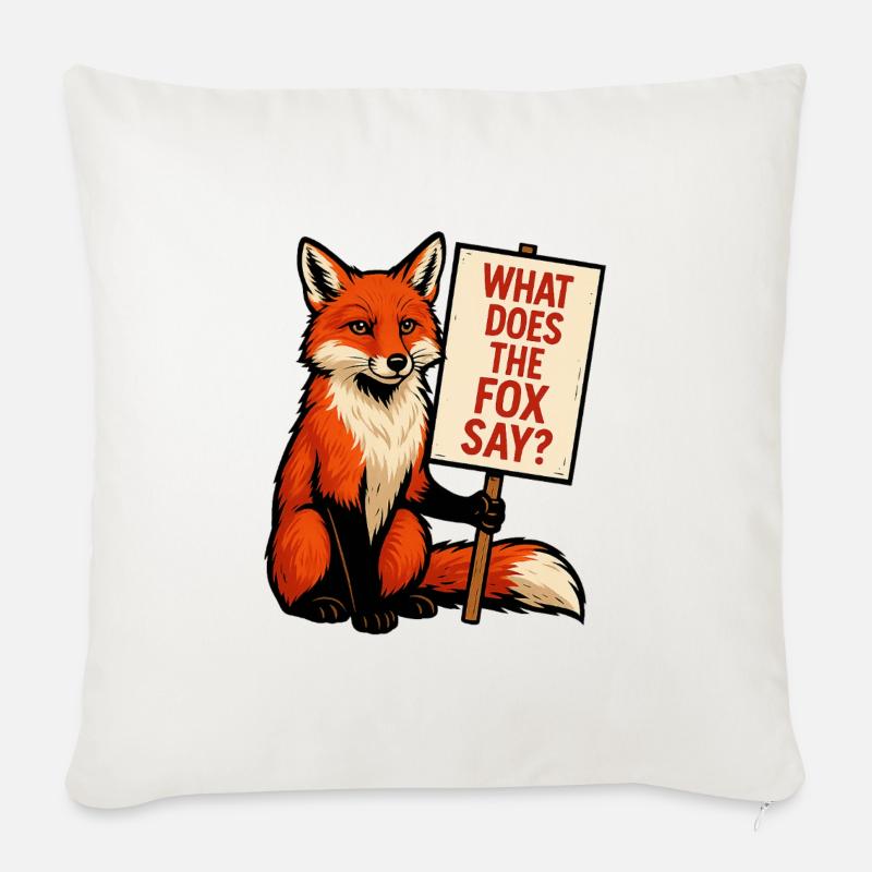 Fuchs mit Schild – Was sagt der Fuchs - Sofakissenbezug 45 x 45 cm - Naturweiß 