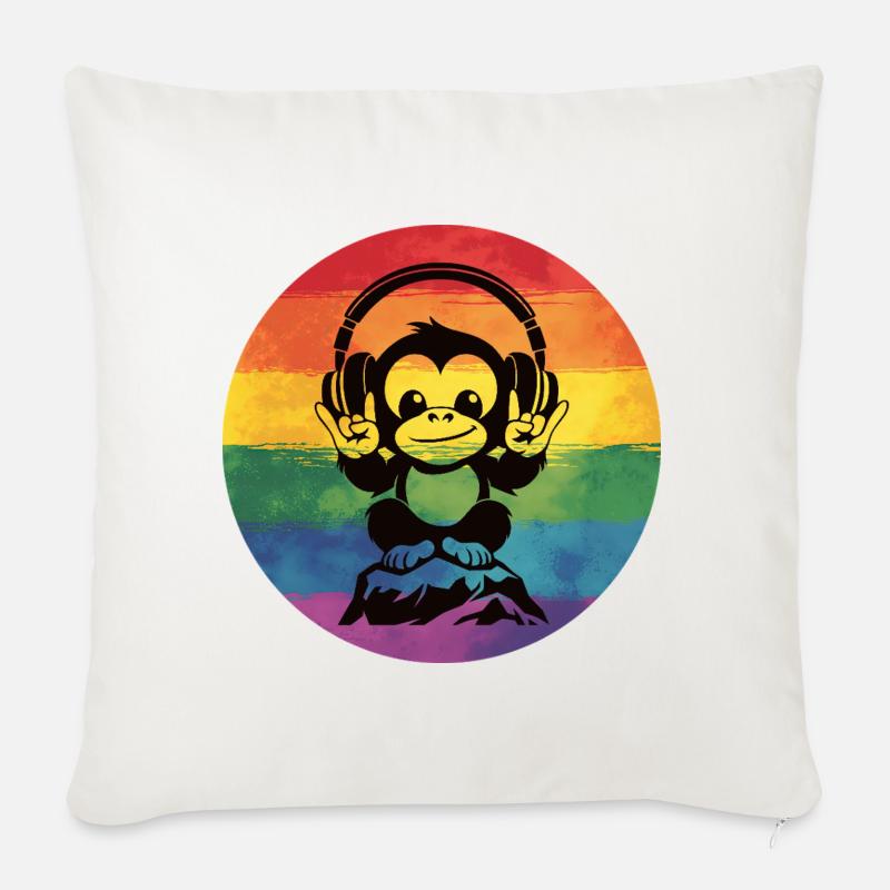 Regenbogen DJ Affe – Kopfhörer Rockhandzeichen - Sofakissenbezug 45 x 45 cm - Naturweiß 
