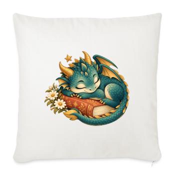Schlafender Drache zwischen Buch und Blumen - Sofakissenbezug 45 x 45 cm - Naturweiß  - Vorne