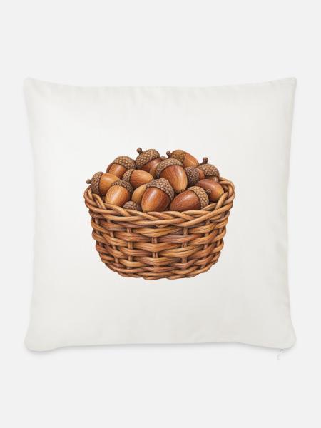 Weidenkorb gefüllt mit Eicheneicheln - Sofakissenbezug 45 x 45 cm - Naturweiß