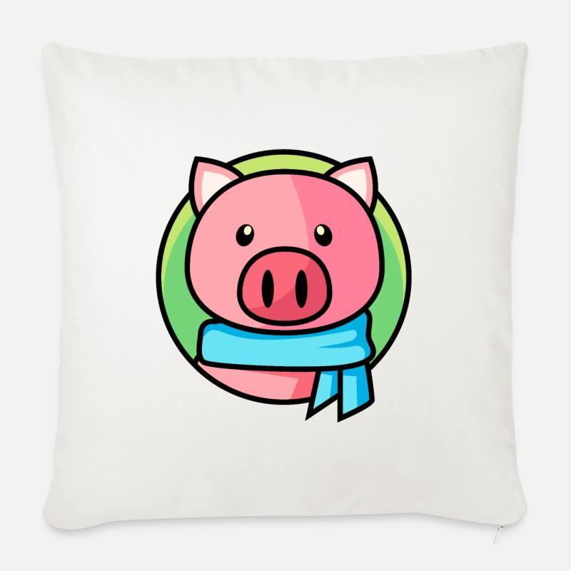 Rosa Schweinchen mit Schal - Sofakissenbezug 45 x 45 cm - Naturweiß 