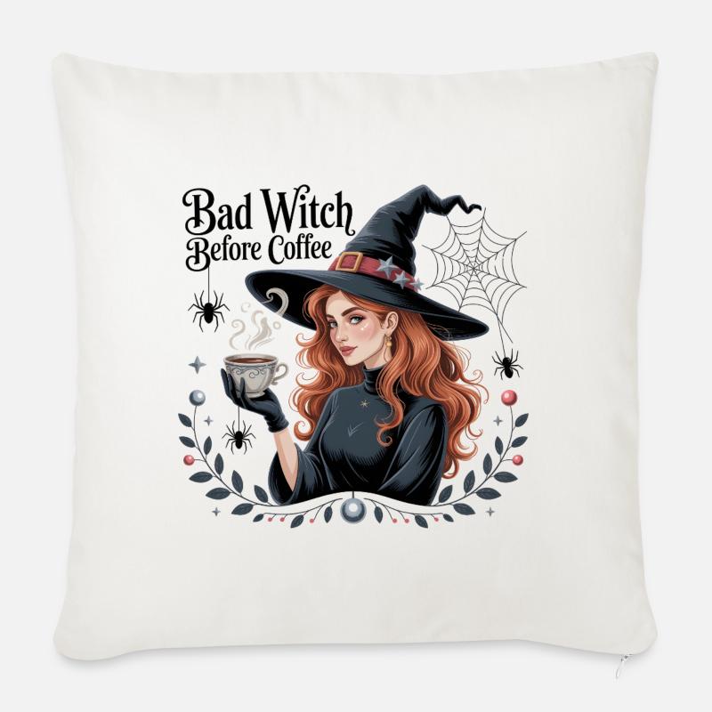 Böse Hexe vor dem Kaffee, Bad Witch Before Coffee - Sofakissenbezug 45 x 45 cm - Naturweiß 