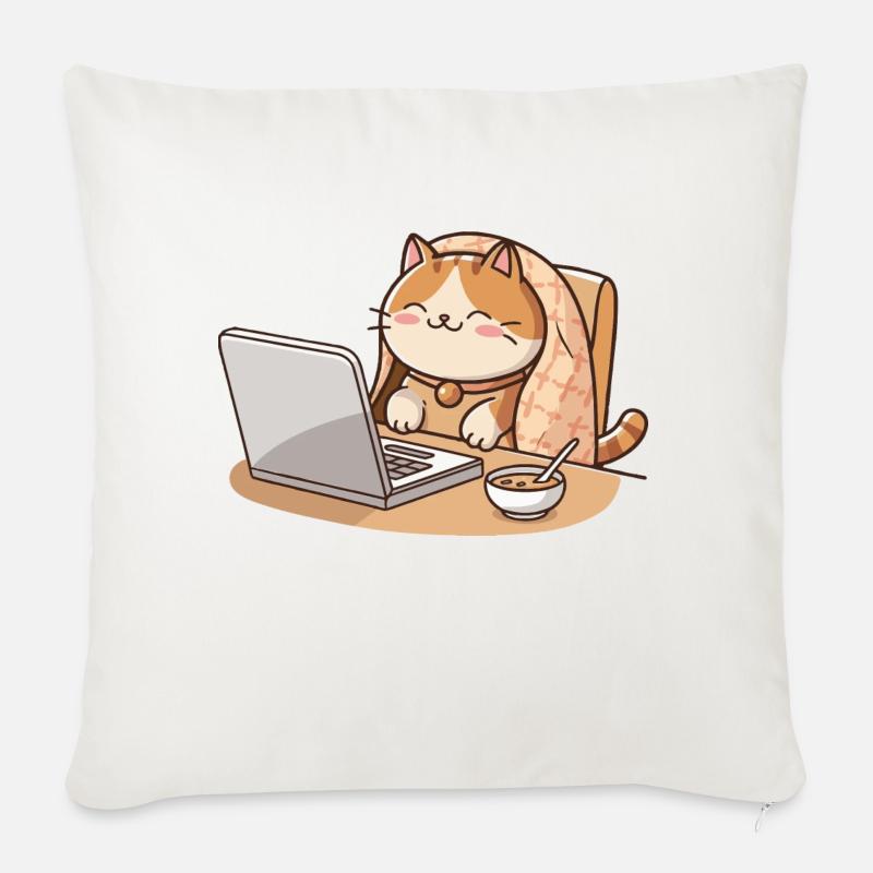 Chaton sur ordinateur portable avec couverture et petit-déjeuner - Housse de coussin décorative 45 x 45 cm - blanc nature