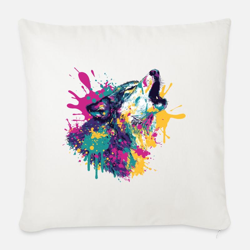 Wolf im Farbexplosion Stil - Sofakissenbezug 45 x 45 cm - Naturweiß 