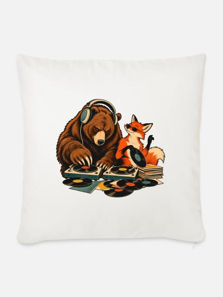 Bär & Fuchs als Vinyl DJs – Musikduo - Sofakissenbezug 45 x 45 cm - Naturweiß