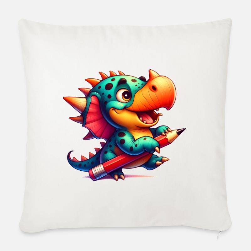 Kawaii Dino mit Bleistift Süßer Dinosaurier Kind - Sofakissenbezug 45 x 45 cm - Naturweiß 