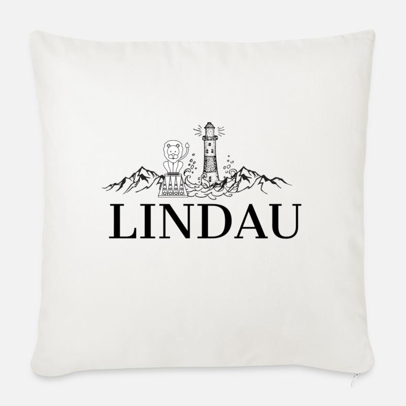 Lindau am Bodensee mit Leuchtturm, Löwe und Bergen - Sofakissenbezug 45 x 45 cm - Naturweiß 