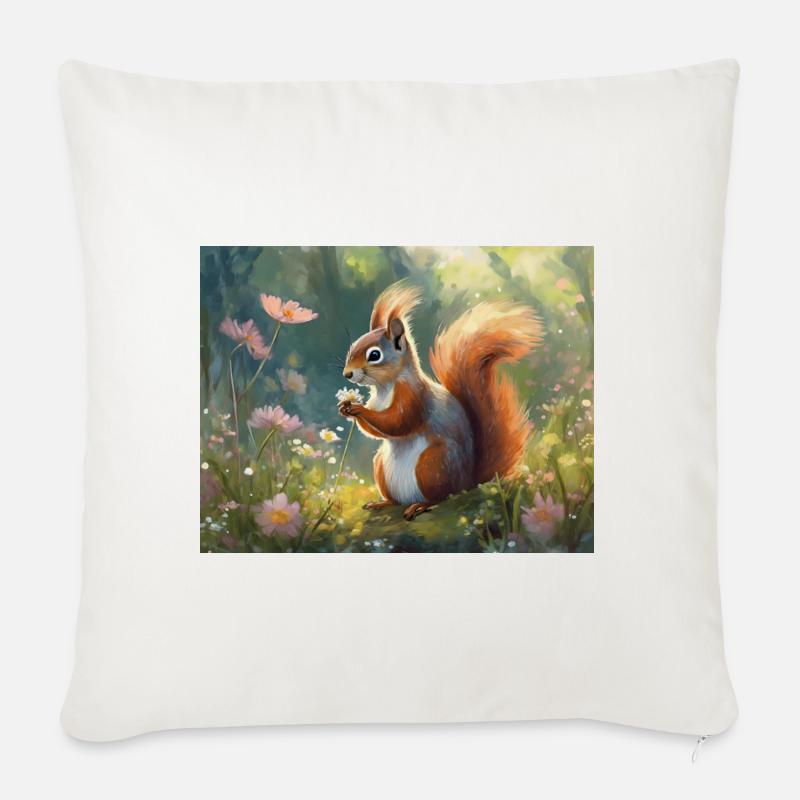 Eichhörnchen im Blumengarten - Sofakissenbezug 45 x 45 cm - Naturweiß 