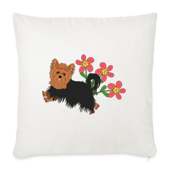 Joyeux Yorkshire Terrier et fleurs - Housse de coussin décorative 45 x 45 cm - blanc nature - Devant