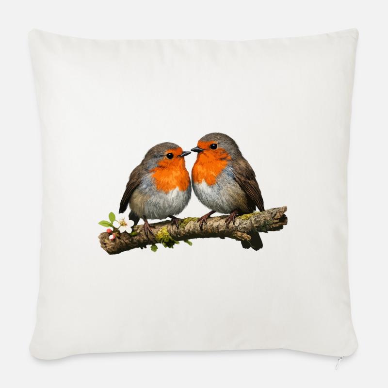 Duo Red Robin auf Ast - Sofakissenbezug 45 x 45 cm - Naturweiß 