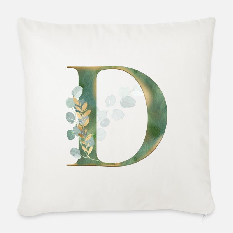Monogramme personnalisable Eucalyptus D - Housse de coussin décorative 45 x 45 cm - blanc nature