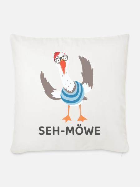 SEH-MÖWE – Lustige Möwe mit Brille Cartoon - Sofakissenbezug 45 x 45 cm - Naturweiß