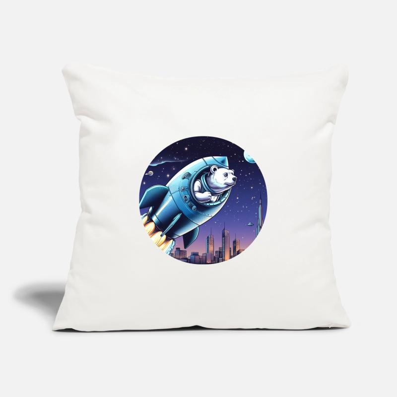 Une fusée avec un ours décolle dans l’espace devant le ciel nocturne Housse de coussin décorative 45 x 45 cm