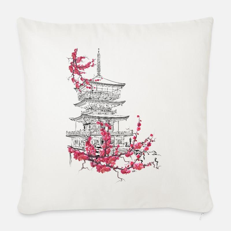 Pagode und Sakura - Sofakissenbezug 45 x 45 cm - Naturweiß 