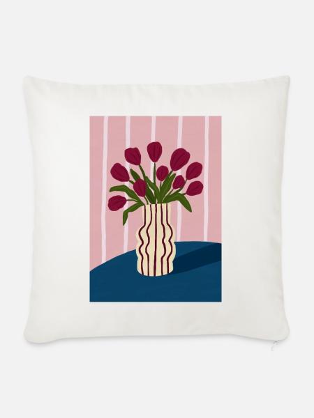 Tulpenstrauß in gestreifter Vase - Sofakissenbezug 45 x 45 cm - Naturweiß