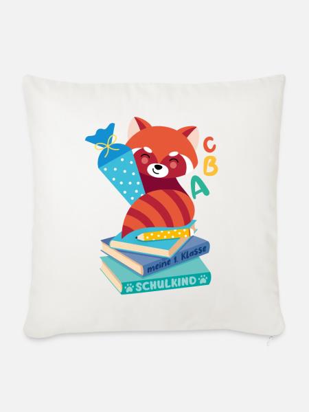 roter Panda mit Schultüte auf Bücherstapel - Sofakissenbezug 45 x 45 cm - Naturweiß