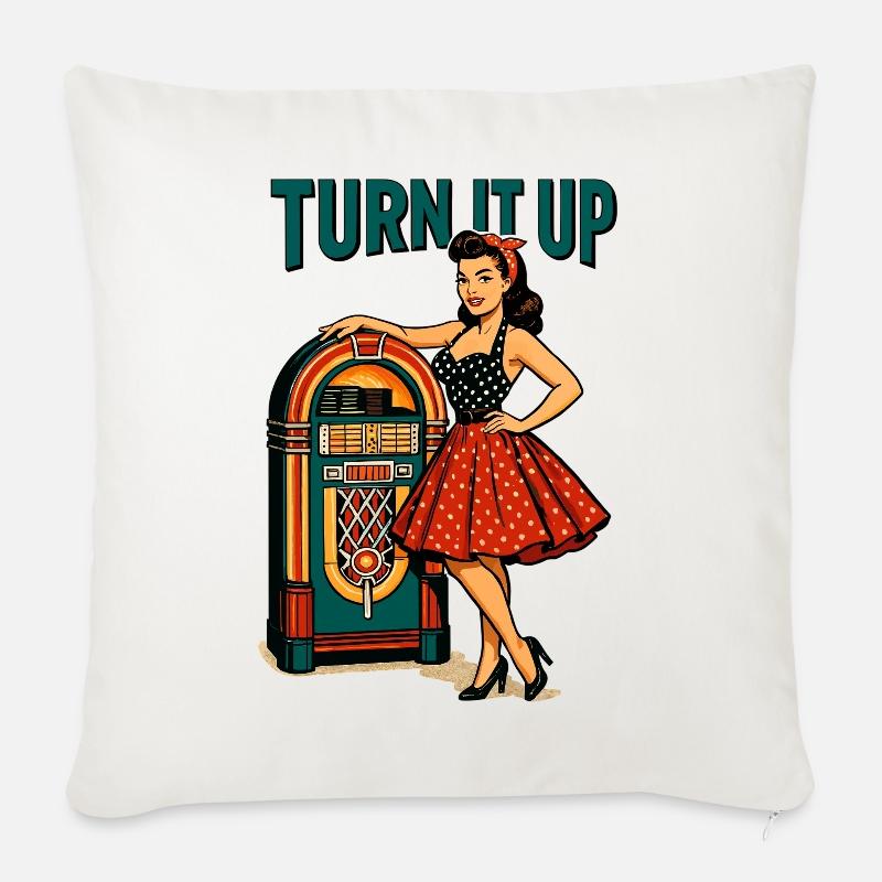 Pin-up rockabilly : Jukebox rétro monte le son - Housse de coussin décorative 45 x 45 cm - blanc nature