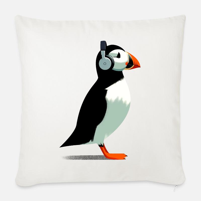Papageitaucher mit Kopfhörern - Sofakissenbezug 45 x 45 cm - Naturweiß 