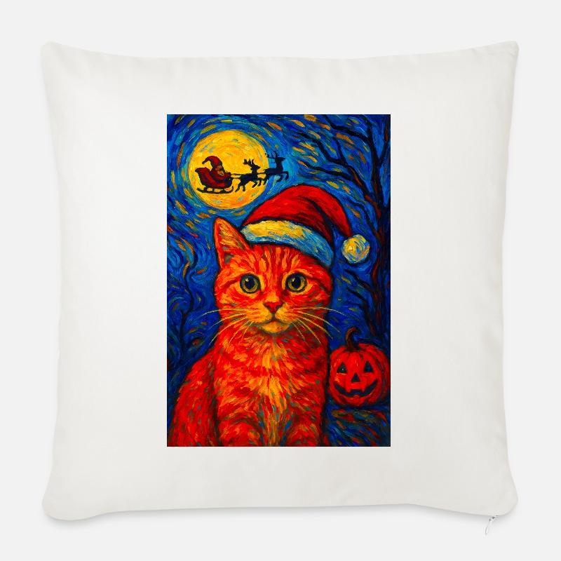 Santa Hat Black Cat Festive Christmas Starry Night - Sofakissenbezug 45 x 45 cm - Naturweiß