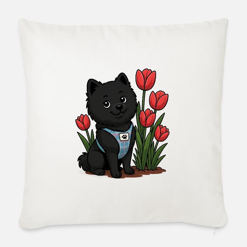 Süßer Spitz Hund mit Tulpen - Sofakissenbezug 45 x 45 cm - Naturweiß 