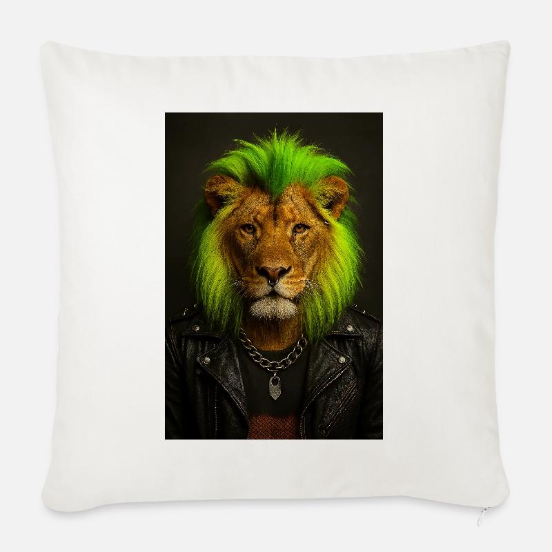 Löwe NeonPunk im Lederlook - Sofakissenbezug 45 x 45 cm - Naturweiß 