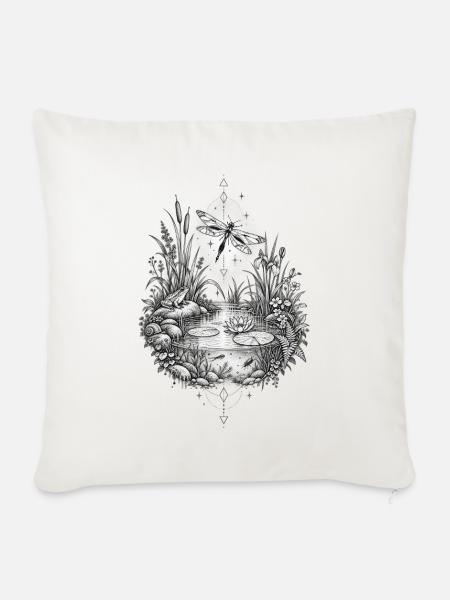 Teichbiotop mit Libelle Frosch und Pflanzen - Sofakissenbezug 45 x 45 cm - Naturweiß