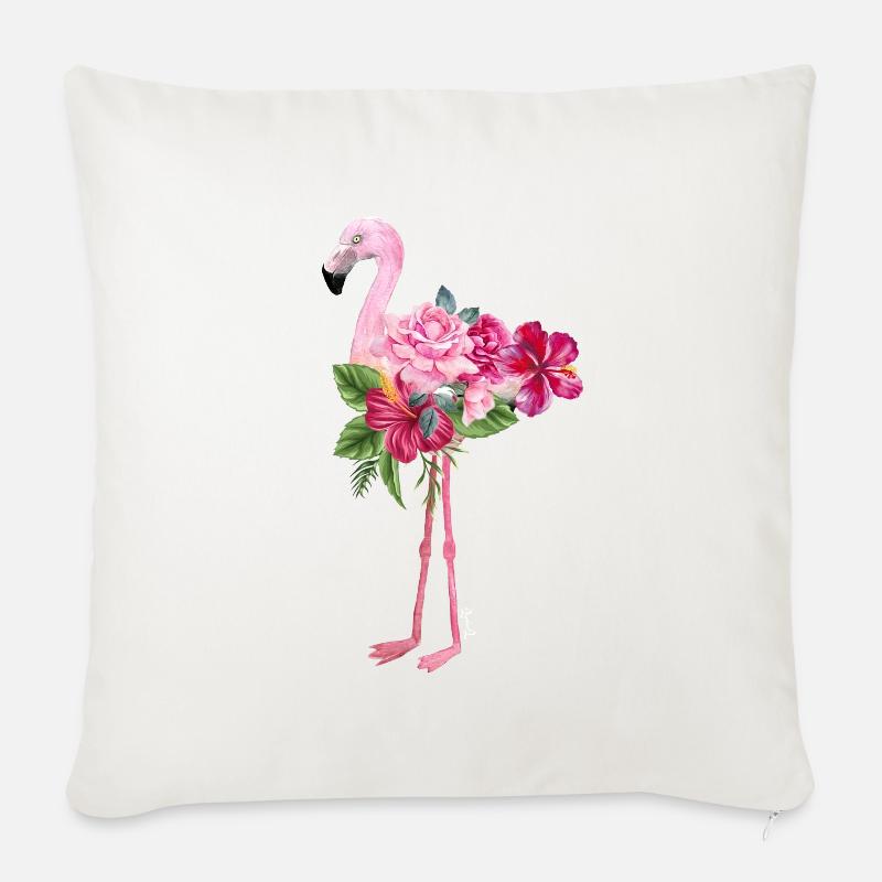 Flamingo mit Blumen - Sofakissenbezug 45 x 45 cm - Naturweiß 