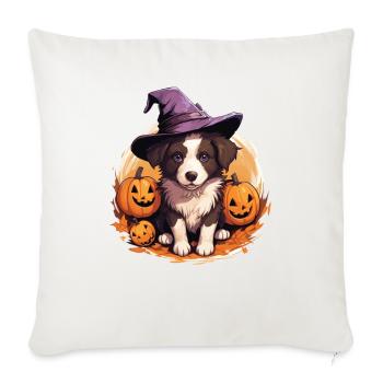 Halloween Chapeau de Sorcière Citrouille Chien Border Collie - Housse de coussin décorative 45 x 45 cm - blanc nature - Devant