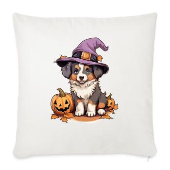 Halloween Chapeau de Sorcière Citrouille Chien Berger Australien - Housse de coussin décorative 45 x 45 cm - blanc nature - Devant