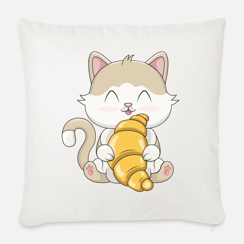 Süße Kawaii Katze mit Croissant - Sofakissenbezug 45 x 45 cm - Naturweiß 