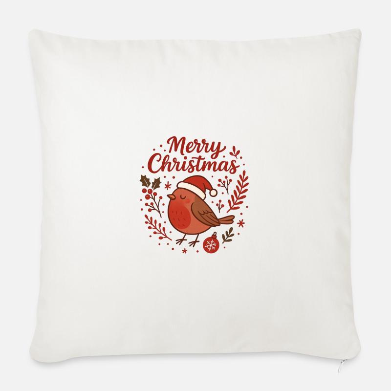 Robin mit Santa Hut – Merry Christmas - Sofakissenbezug 45 x 45 cm - Naturweiß 