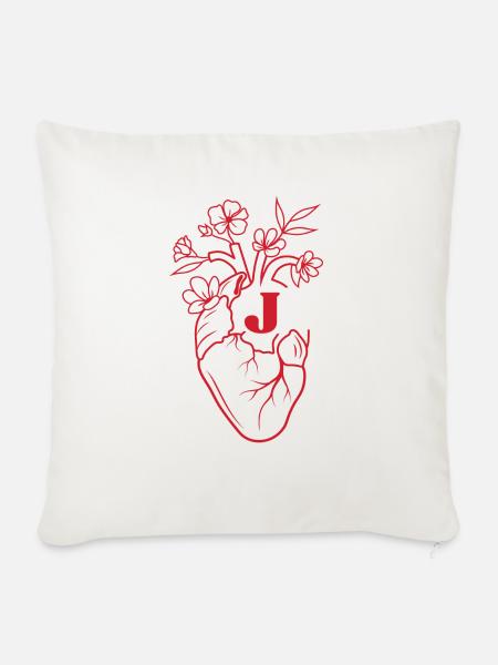 Buchstabe j Herz Rote Blumen Anatomie - Sofakissenbezug 45 x 45 cm - Naturweiß