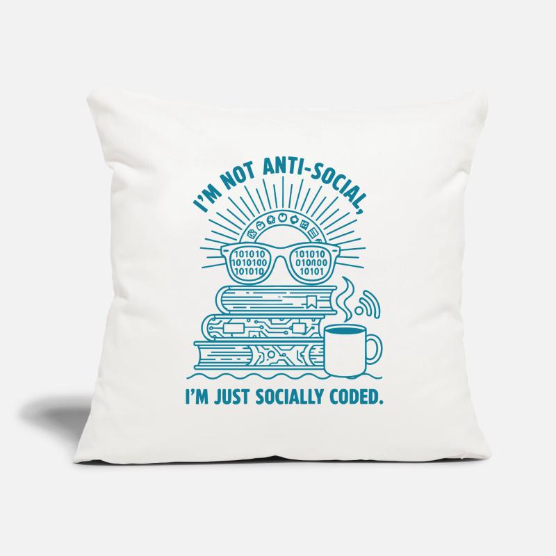 Socialement codé : livres, café et code Housse de coussin décorative 45 x 45 cm