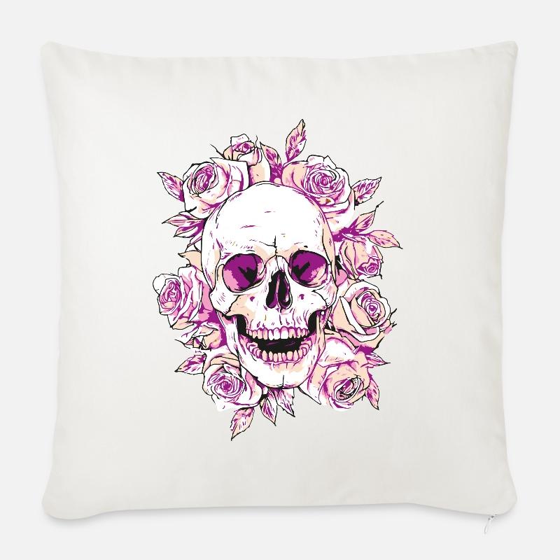 Crâne vif et Rose Art Design - Housse de coussin décorative 45 x 45 cm - blanc nature