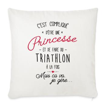 Princesse et Triathlon - Cadeau femme fille - Housse de coussin décorative 45 x 45 cm - blanc nature - Devant