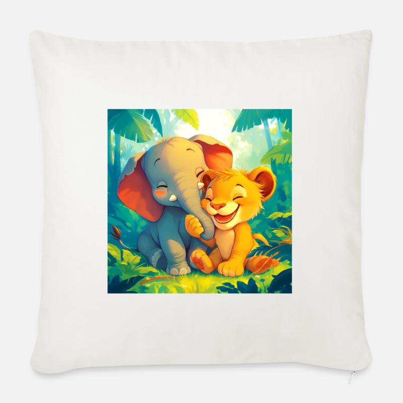 Süßes Kinderbild Spielender Löwe Und Elephant - Sofakissenbezug 45 x 45 cm - Naturweiß 